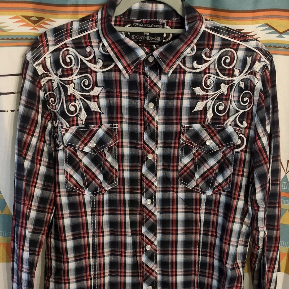 POP ICON CLOTHING Men's Blue and Red Embroidered Plaid Shirt